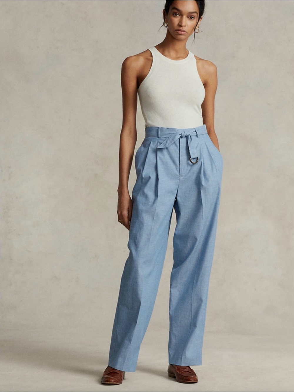 NWT $348 Polo Ralph Lauren Women Blue Chambray Belted Wide-Leg Pants Size 8